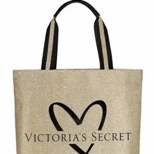 Victoria's Secret Purse Fashion Show Gold Glamour Glitter Canvas Large Tote Bag